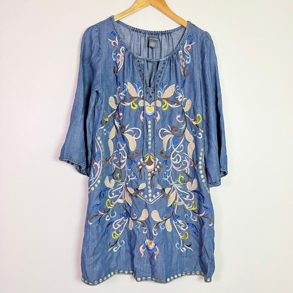 Embroidered Tencel Chambray Tunic Peasant Dress Women's S Boho Festival Cottage - Picture 2 of 14